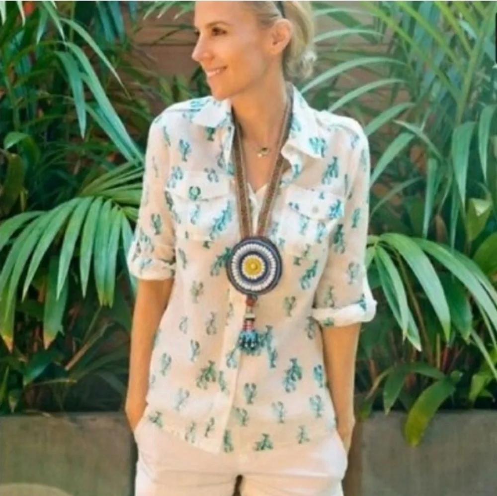 Tory Burch Aqua Blue Coastal Lobster Brigette Shirt Size 4